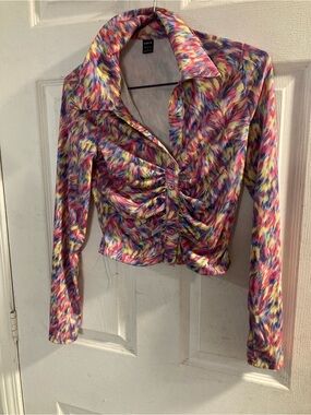 SHEIN Multicolor Ruched Button-Front Long Sleeve Shirt